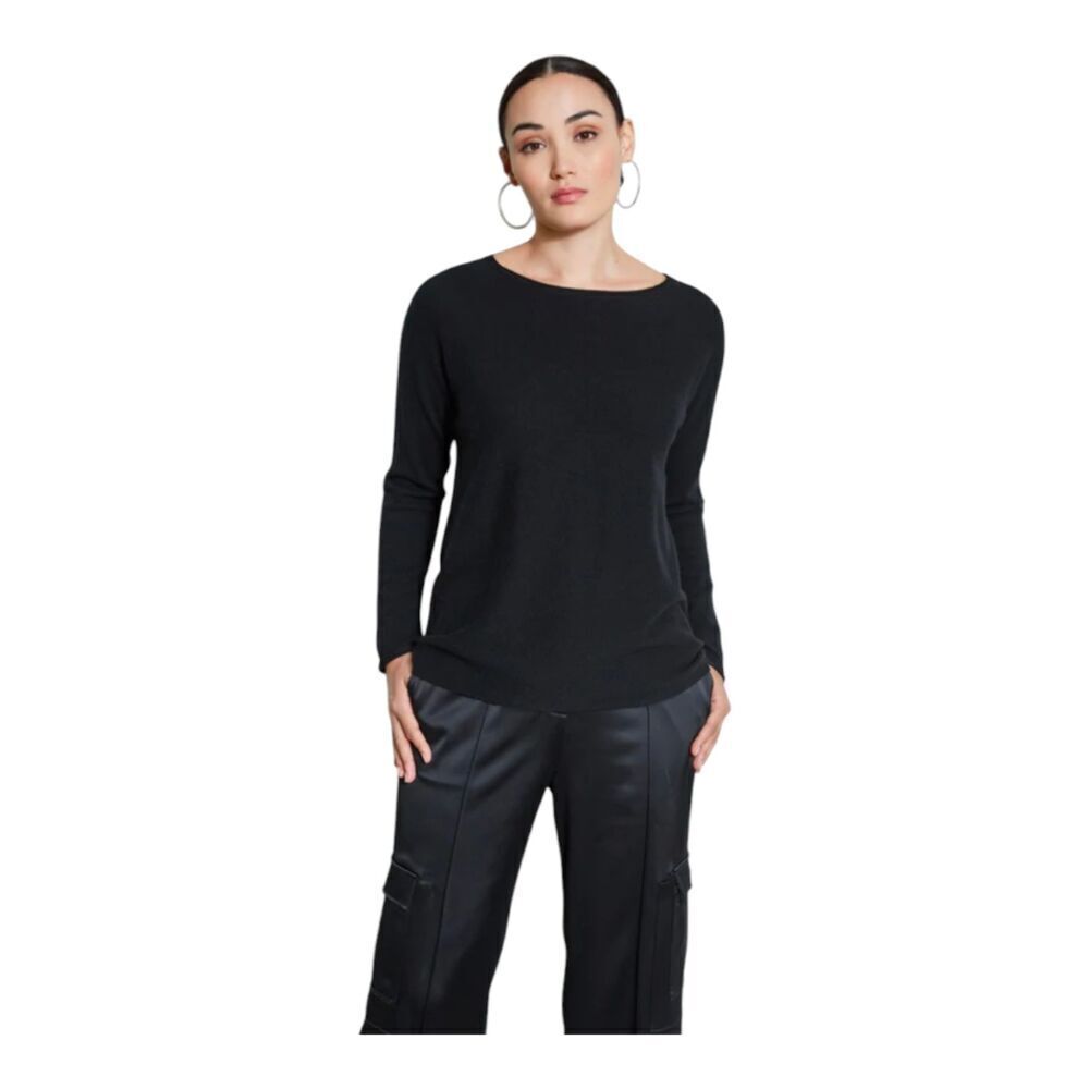 Elie Tahari Lightweight Black Silk Cashmere Bishop Sleeve Boatneck Sweater, S